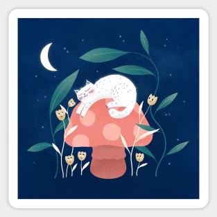 Cute white cat with, mushroom and curious flowers, version 1 Sticker